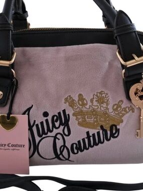 Juicy Couture Pink Velvet Satchel with Brown Script & Gold Crown - NWT